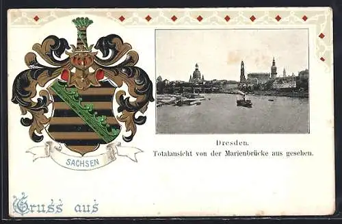 AK Dresden, Totalansicht von der Marienbrücke aus, Wappen im Passepartout