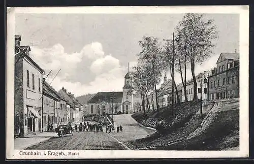 AK Grünhain i. Erzgeb., Markt mit Kirche