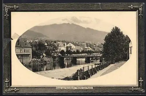 AK Gernsbach, Flusspartie mit Brücke, Passepartout