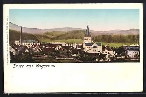 Goldfenster-AK Gaggenau, Ortsansicht mit der Kirche