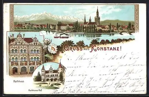 Lithographie Konstanz, Rathaus, Rathaus-Hof, Panoramablick auf die Stadt