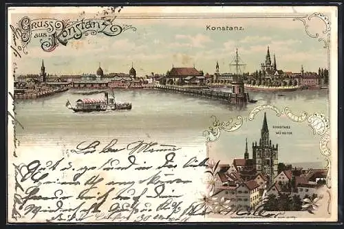 Lithographie Konstanz, Ortsansicht mit Blick auf das Münster