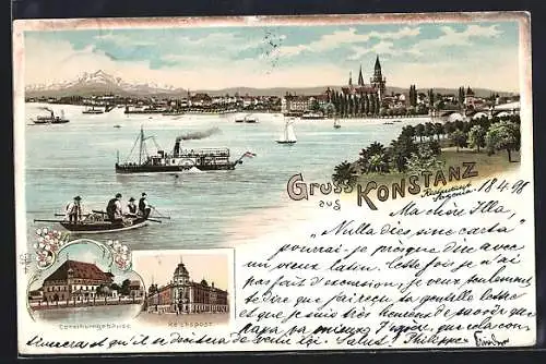 Lithographie Konstanz i. B., Reichspost, Consiliumgebäude, Ortspanorama