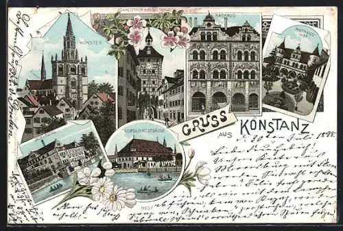 Lithographie Konstanz, Münster, Inselhotel, Rathaus