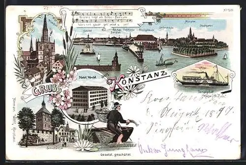 Lithographie Konstanz, Schnetzthor, Dampfer Kaiser Wilhelm, Münster