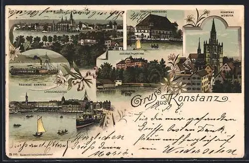 Lithographie Konstanz, Totalansicht, Münster, Landungssteg