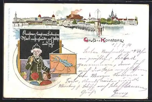 Lithographie Konstanz, Ortsansicht mit Seebrücke, Lehrer mit Landkarte