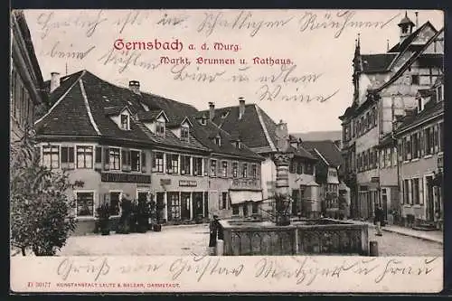 AK Gernsbach a. d. Murg, Markt, Brunnen und Rathaus