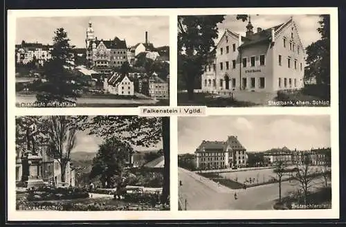 AK Falkenstein i. Vgtld., Teilansicht mit Rathaus, Stadtbank, Trützschlerplatz, Blick auf Kahlberg