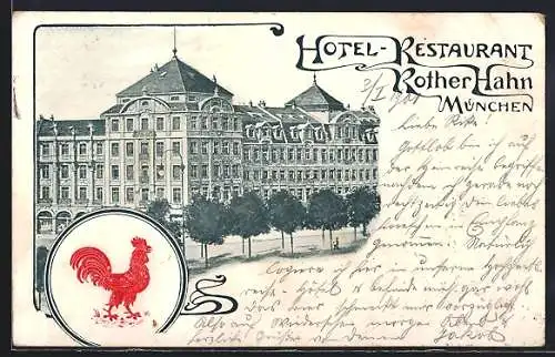 Lithographie München, Hotel Restaurant Rother Hahn, Aussenansicht, Roter Hahn