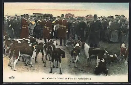 AK Chasse à Courre en Forêt de Fontainebleau, Jagdhunde mit Hornbläsern