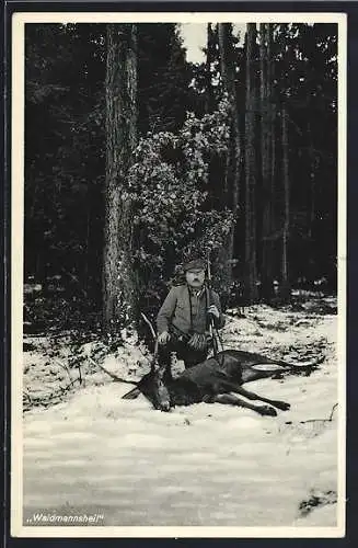 AK Jäger mit erlegtem Rothirsch