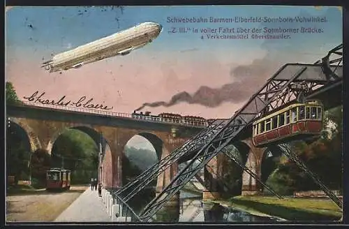 AK Wuppertal, Zeppelin III in voller Fahrt über der Sonnborner Brücke