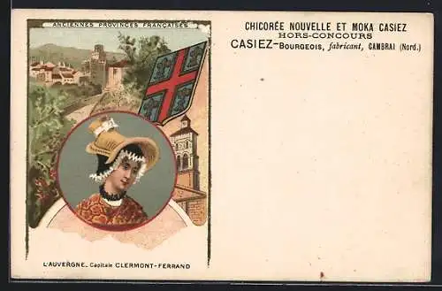 Lithographie Clermont-Ferrand, Ortsansicht, Frau in Tracht, Casiez-Bourgeois, Kaffee-Reklame