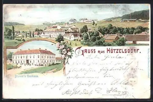 Lithographie Geras, Hötzelsdorf, Brunner`s Gasthaus, Ortsansicht aus der Vogelschau