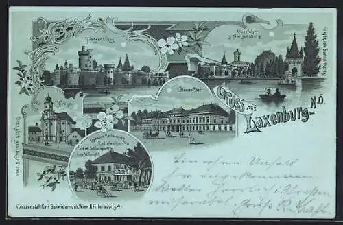 Mondschein-Lithographie Laxenburg /N. Ö., Russins Restaurant Radfahrerheim und Cafe im Schlosspark, Blauer Hof