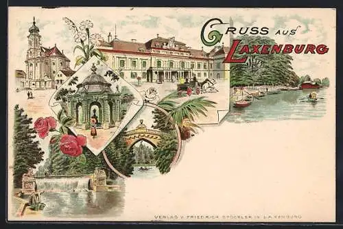 Lithographie Laxenburg, Blauer Hof, Grünes Lusthaus, Hohe Brücke, Wasserfall, Stappelplatz, Kirche