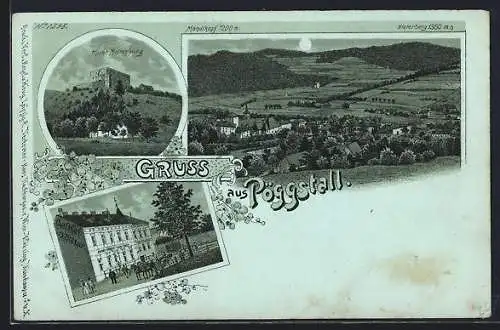 Mondschein-Lithographie Pöggstall, Gasthof Josef Rötzer, Ruine Mollenburg