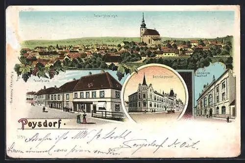 Lithographie Poysdorf, Gemeinde-Gasthof, Bezirksgericht, Josefplatz