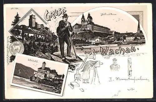 Lithographie Melk an der Donau, Stift, Wanderer, Schönbüchel, Ruine Weitenegg