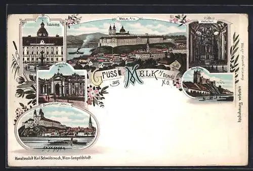 Lithographie Melk a. D., Prälatenhof, Hochaltar, Ruine Weitenegg, Benedicter Abtei