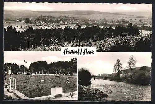 AK Hattorf / Harz, Gesamtansicht, Badeanstalt u. Brücke
