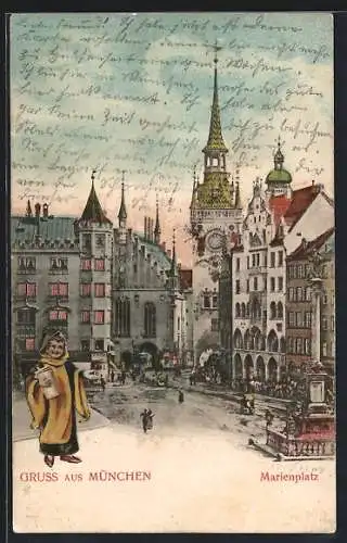 Lithographie München, Marienplatz und Münchner Kindl