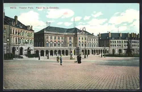 AK Metz, Theater-Platz mit Brunnen