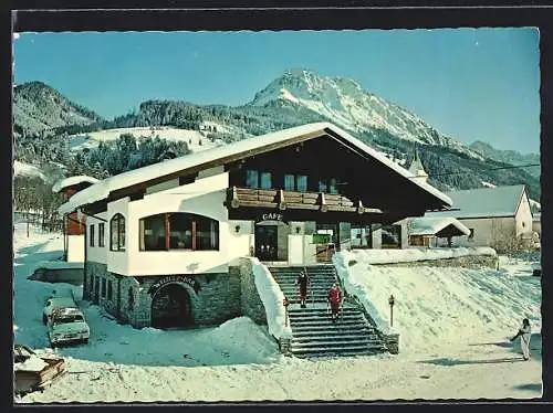 AK Kleinarl /Salzburg, Cafe Annemarie Moser-Pröll mit Bergspitze im Winter