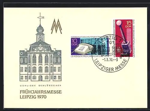 AK Leipzig, Leipziger Frühjahrsmesse 1970, Gohliser Schlösschen, Briefmarken, Logo