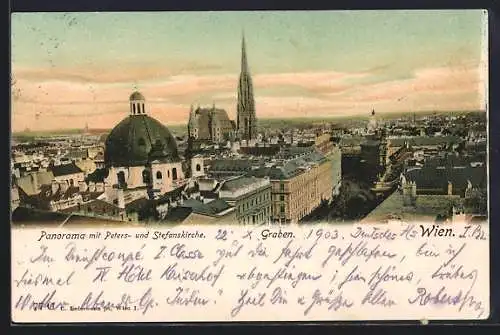 AK Wien, Panorama mit Peters- und Stefanskirche sowie Graben