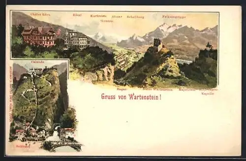 Lithographie Ragaz, Wartenstein, Châlet Eden, Hotel, Kurfirsten und Gonzen, Calanda mit Seilbahn