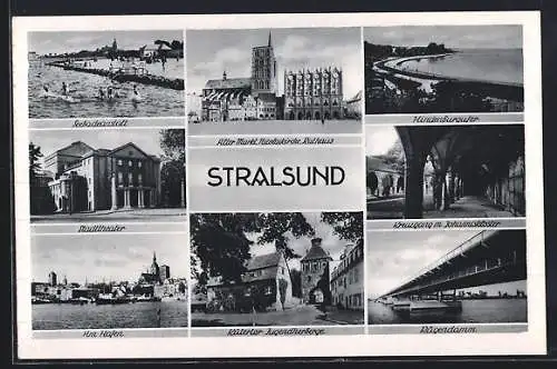 AK Stralsund, Stadttheater, Jugendherberge am Kütertor, Alter Markt mit Nicolaikirche u. Rathaus, Hindenburgufer