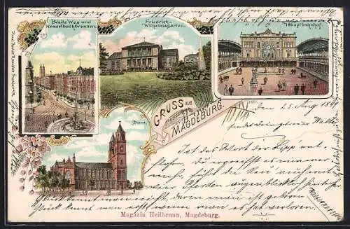 Lithographie Magdeburg, Breite Weg und Hasselbachbrunnen, Dom, Hauptbahnhof, Friedrich-Wilhelmsgarten und Papierkunst