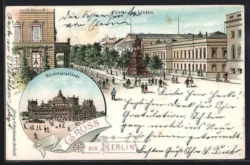 Lithographie Berlin, Unter den Linden mit Reiterstandbild Friedrich der Grosse, Reichstagsgebäude