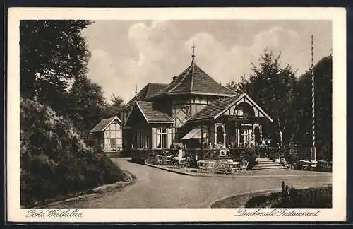 AK Porta Westfalica, Denkmals Restaurant mit Vorgarten