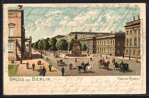 Lithographie Berlin, Denkmal Kaiser Friedrich der Grosse, Unter den Linden