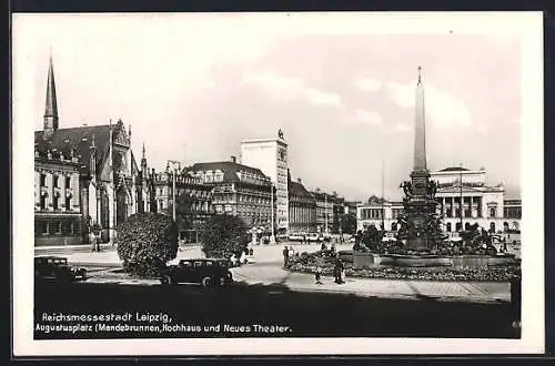 AK Leipzig, Augustplatz mit Mendebrunnen, Hochhaus und Opernhaus