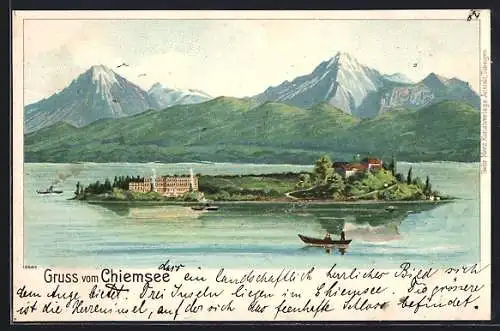 Lithographie Chiemsee, Insel gegen Gebirge