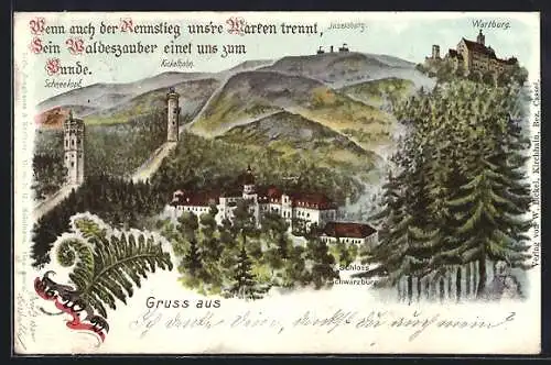 Lithographie Eisenach, Schloss Schwarzburg, Wartburg, Inselsberg, Kickelhahn und Schneekopf