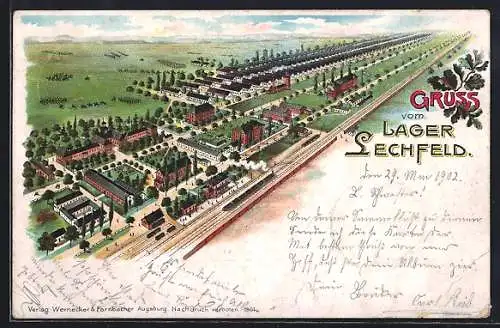 Lithographie Lager Lechfeld, Lager aus der Vogelschau mit Eisenbahn