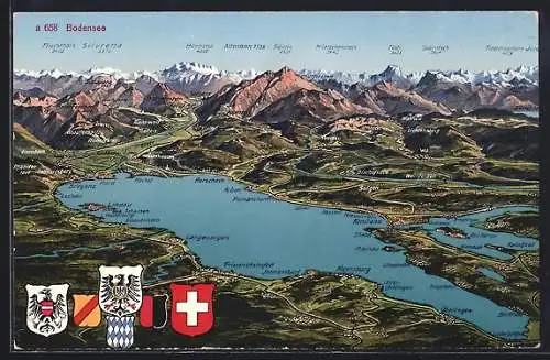 Künstler-AK Bregenz, Bodensee mit Orten und Alpenpanorama, Wappen