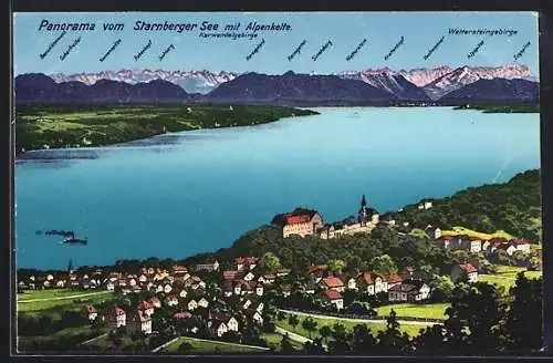 AK Starnberg, Panorama v. Starnberger See mit Alpenkette, Dampfer