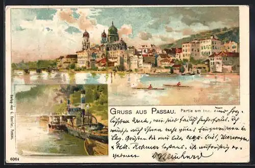 Lithographie Passau, Partie am Inn