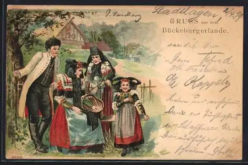 Lithographie Frauen in Tracht Schaumburg-Lippe