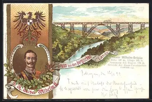 Lithographie Müngsten, Kaiser Wilhelm-Brücke, Portrait Wilhelm II., Reichsadler mit Krone