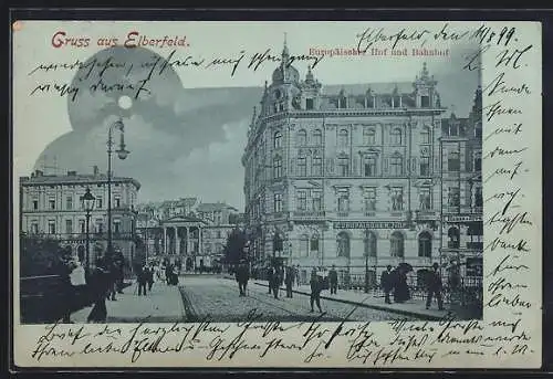 Mondschein-AK Elberfeld, Hotel Europäischer Hof und Bahnhof