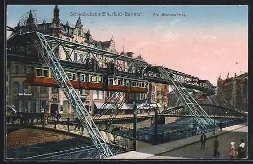 AK Elberfeld-Barmen, Schwebebahn am Bismarcksteg