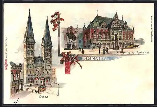 Lithographie Bremen, Dom, Rathaus mit Roland, Pferdebahn