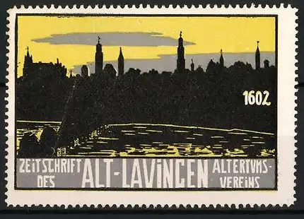 Reklamemarke Zeitschrift des Altertumsvereins, Alt-Lavingen, Stadtansicht 1602